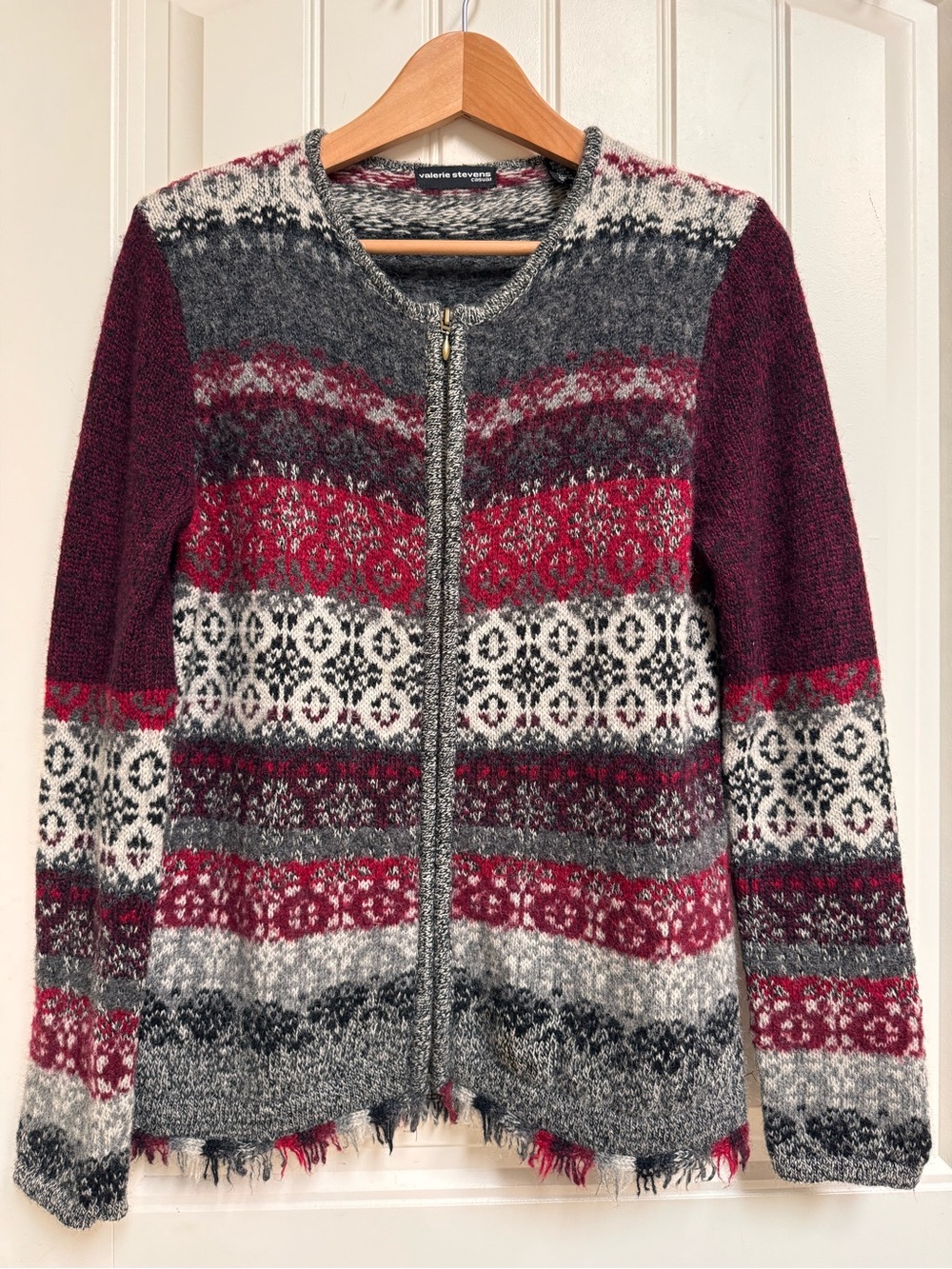 Valerie Stevens Red and Grey Wool Full Zip Cardigan. Size S